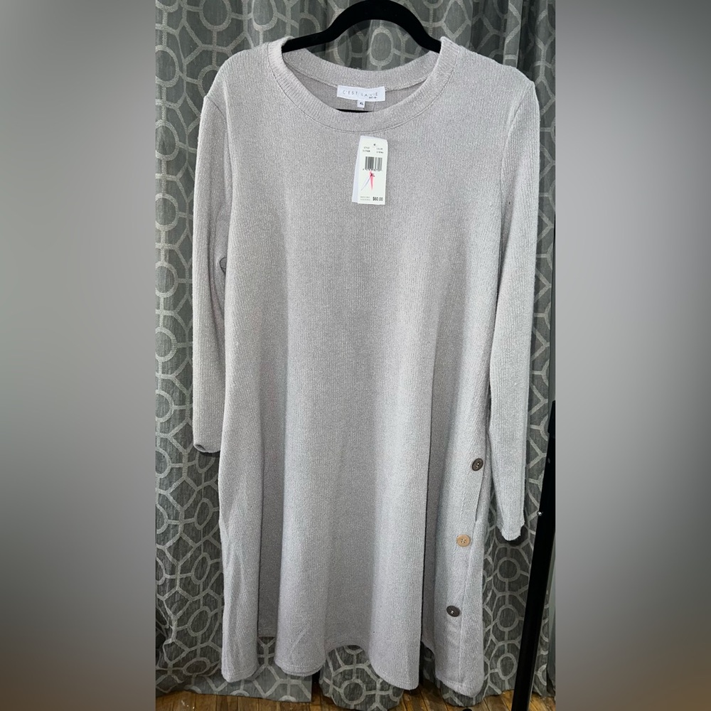 Gray Long Sleeve Sweater Dress with Button Detail